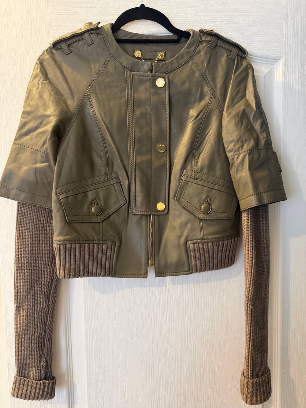 Tory Burch Olive Green Mixed-Media Cropped Jacket